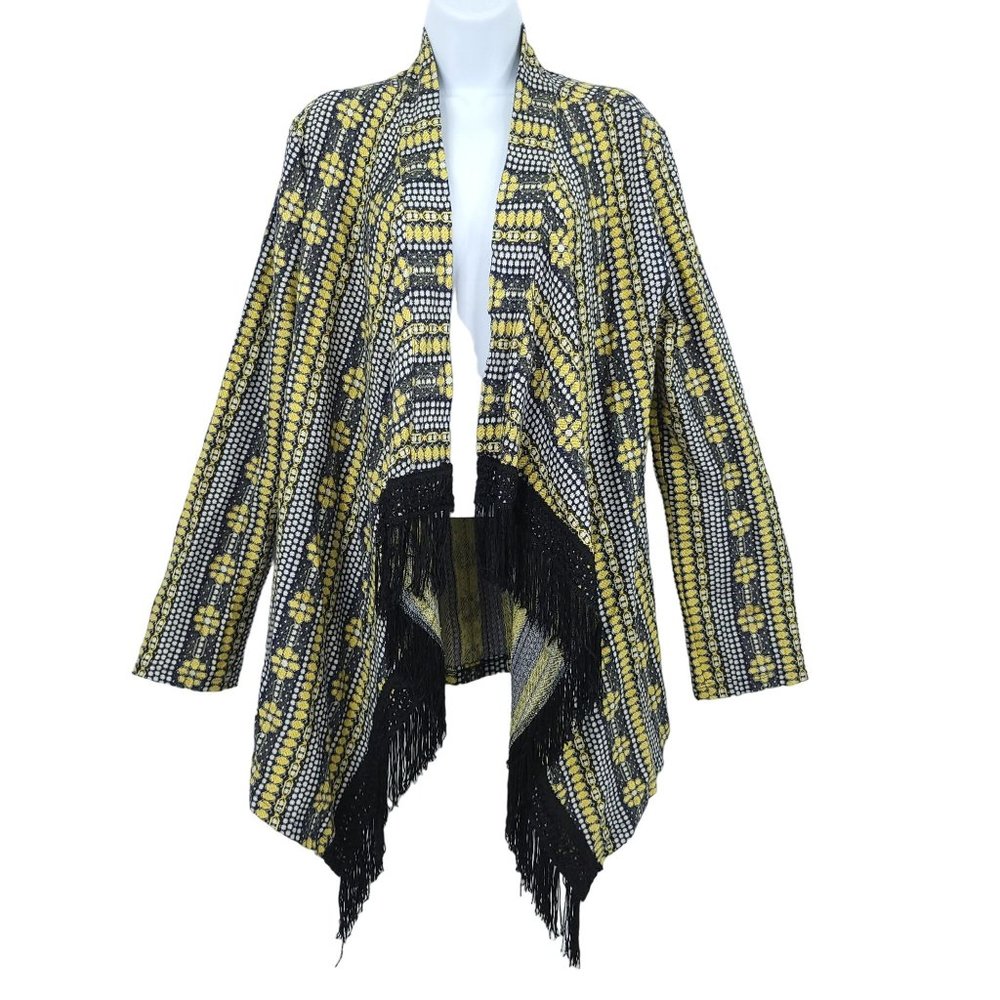 Basically Me Womens Open Cardigan Size M / L Yellow Black Fringe Kimono Boho